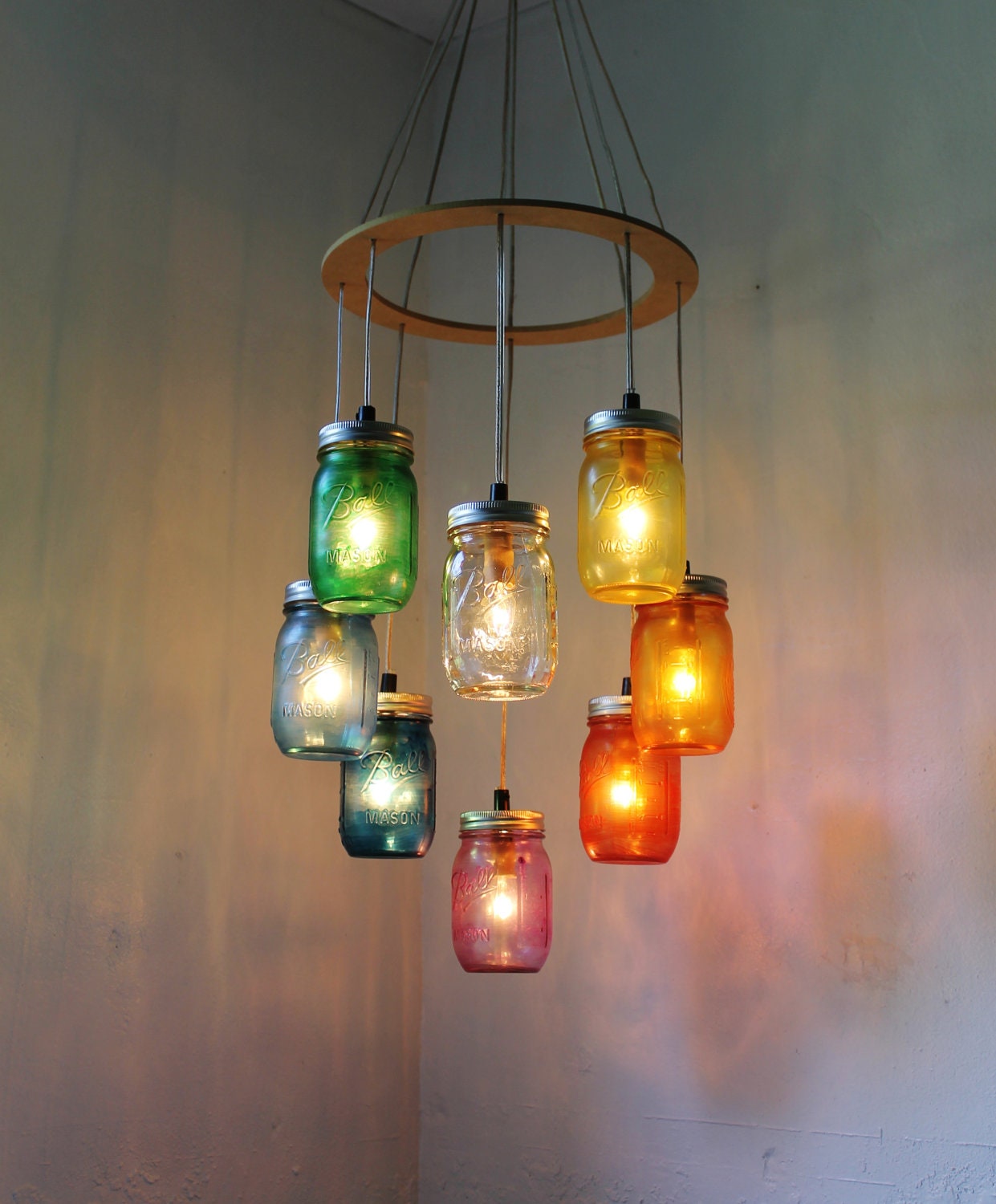 RAINBOW Heart - Shaped Mason Jar Chandelier - Rustic Hanging Pendant Lighting Fixture - Direct Hardwire - BootsNGus Lamp Design