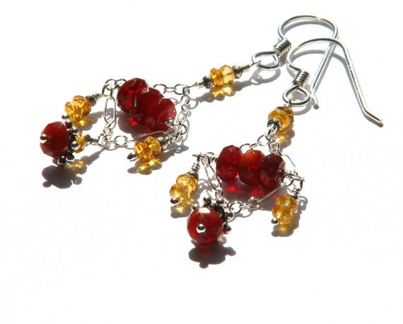 Fire opal and citrine earrings, rust orange and yellow earrings, gemstone chandelier earrings, sterling silver, fall, boho chic- Arrakis - cattleyadesigns