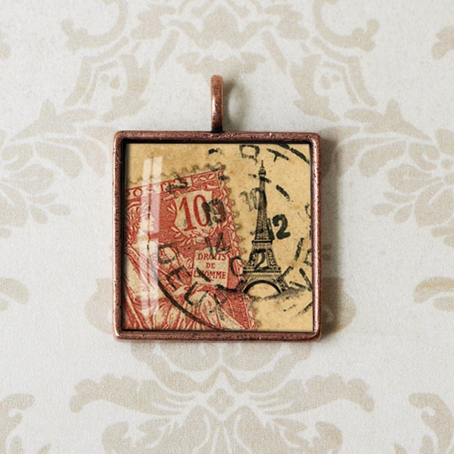 Vintage French Art Pendant - Eiffel Tower and French  Postage Stamp, Antiqued Copper Resin Charm