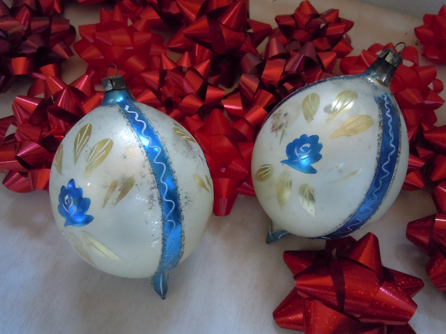 Vintage Blue, White & Gold Hand Painted Christmas Ornaments from Mid 1900s