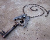 Steampunk Necklace with Key and Angel Wings