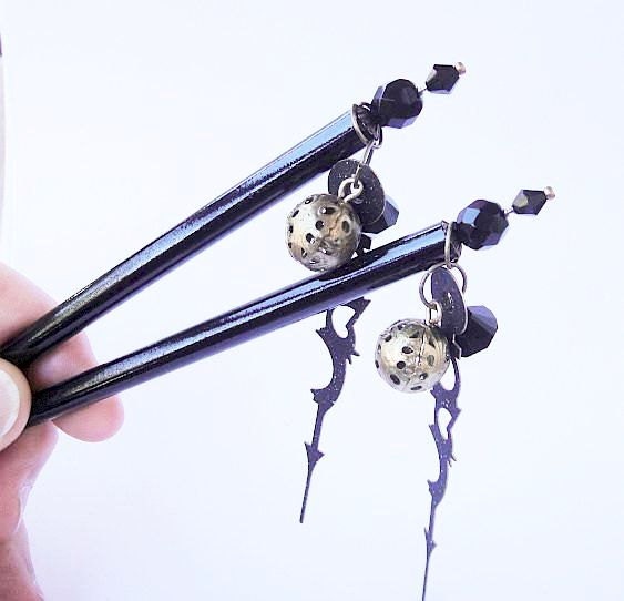 New Years Eve Party - Hair Sticks - featuring clock hands and faceted cut crystal beads