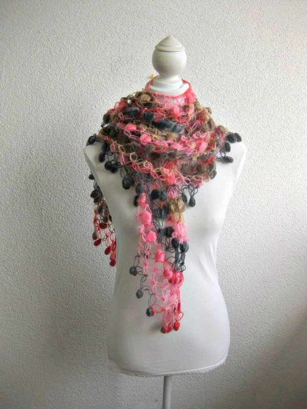 Scarf,Triangle Shawl, Neckwarmer , rainbow, Colorful, Pink, Orange, Gray,Gold, Brown, Scarfs, Feminine