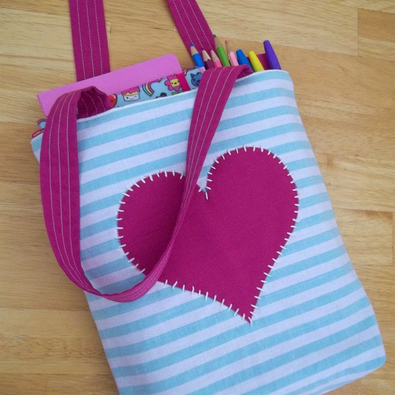 Green and White Small Tote Bag with Pink/Purple Heart
