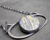 Sterling Gem Necklace.  Sterling Silver, Yellow and Grey Serpentine, Big Oval Cabochon, Hand Made