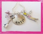 Stamped TINKERBELL and KEY to the CASTLE  Necklace Personalized Charm Necklace - Jewelry for Kids