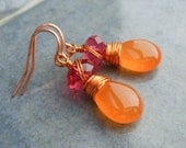 SALE Pink and Orange Earrings, Wire Wrapped Orange Jade Hot Pink Swarovski Crystals Copper Wire.