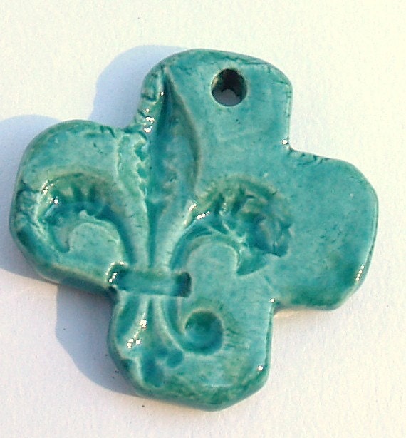 Pottery Cross Fleur de lis  Pendant in a Shiney Sea Mist Green by Clay Designs by glee NOLA Saints