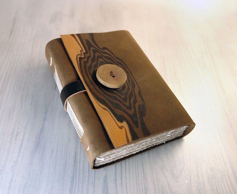 Leather Cover Journal with Handmade Wood Button and Aged Paper - Countryside