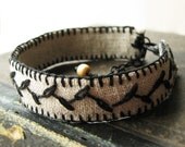 Black Vine Boho Bracelet - Hand Embroidered  on Natural Linen