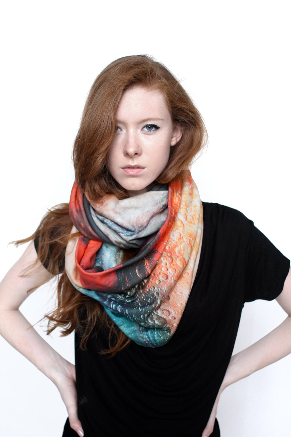 SALE Mars Curiosity Circle Scarf, Planet Printed Scarf, Infinity Scarf, Winter Scarf, Organic Cotton.