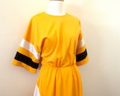 70s Dress / Vintage Colorblock Dress Yellow Bumblebee Cheerleader Stripe - MissMittensVintage