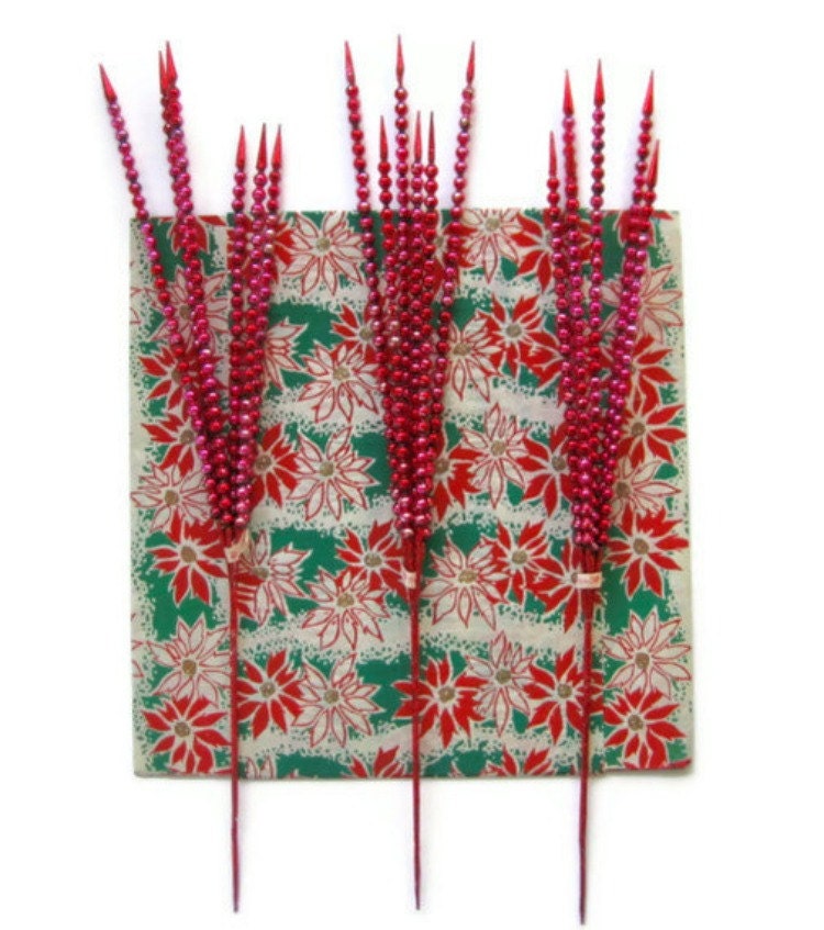 vintage mercury glass picks, vintage beaded picks, red beaded picks, holiday decor, nos, mercury glass beads
