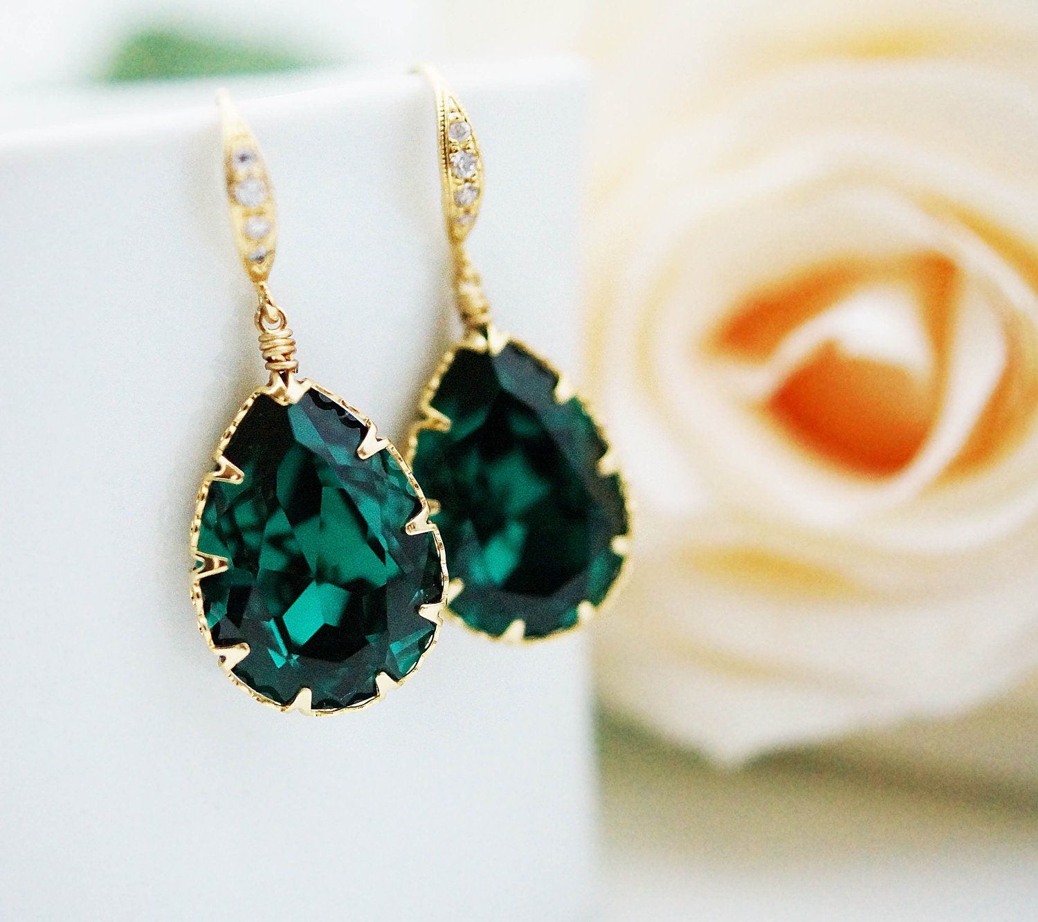 Bridal Earrings Bridesmaid Earrings cubic zirconia ear wires and Emerald Swarovski Crystal Tear drops