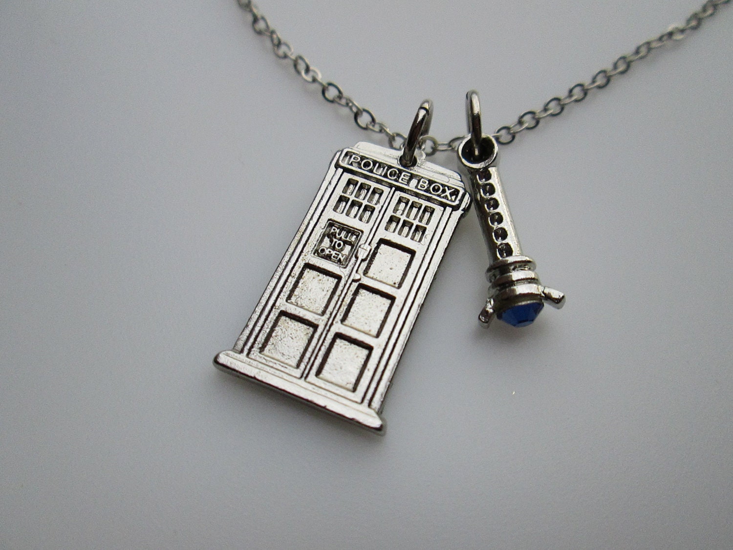 MINI Doctor Police Box and Sonic Screw Necklace in Silver Finish.