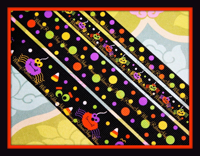 NEW 8 Yards 3/8 7/8 Halloween Trick or Treat Dots SPIDERS orange yellow White Purple on Black Grosgrain Ribbon sewing hair bows 2 yrd ea