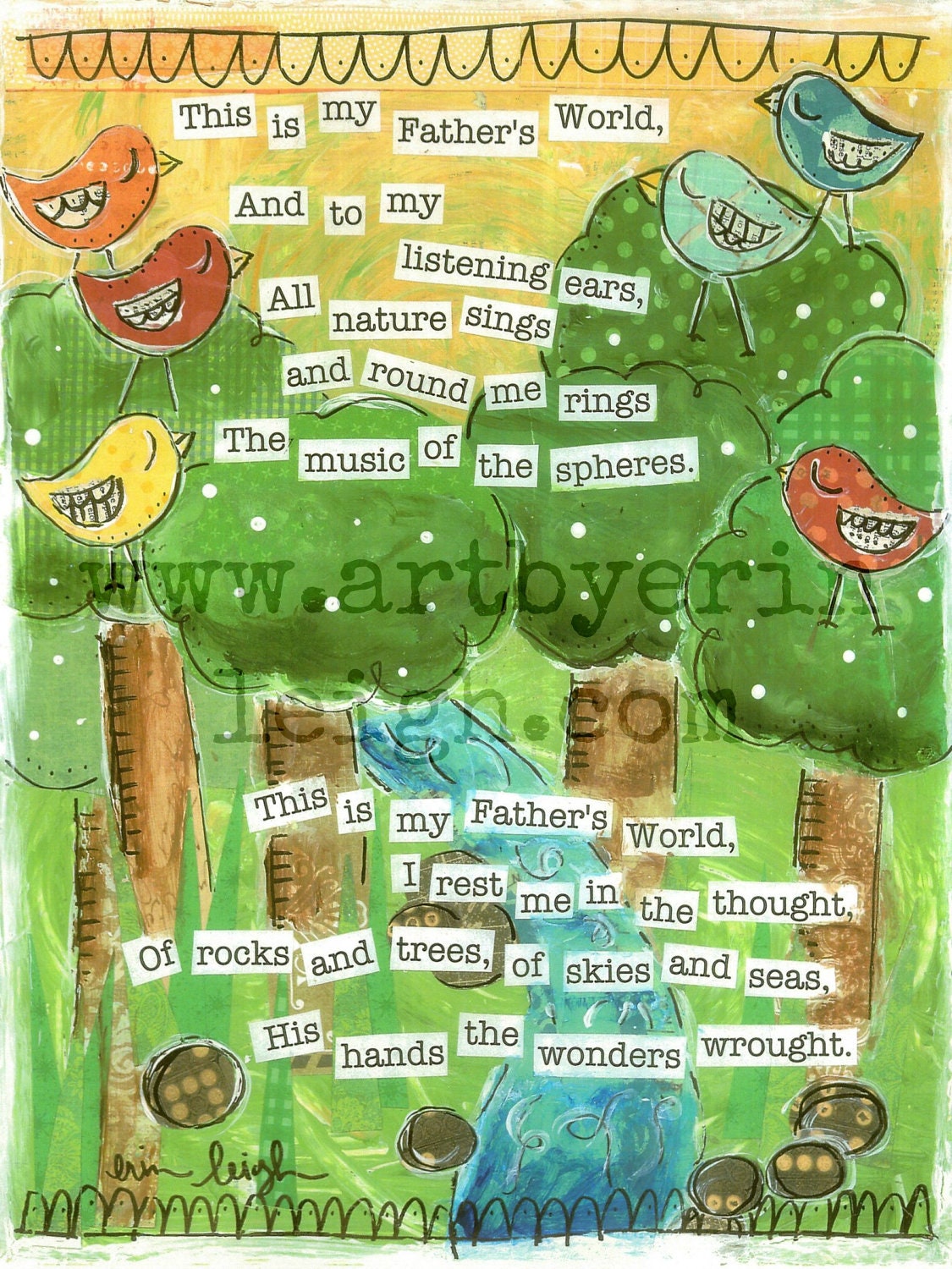 Kids Scripture Art, Bible Verse Art, Christian Art, Sunday School Songs: My Fathers World, 8 x 10 Fine Art Print, Mixed Media Collage
