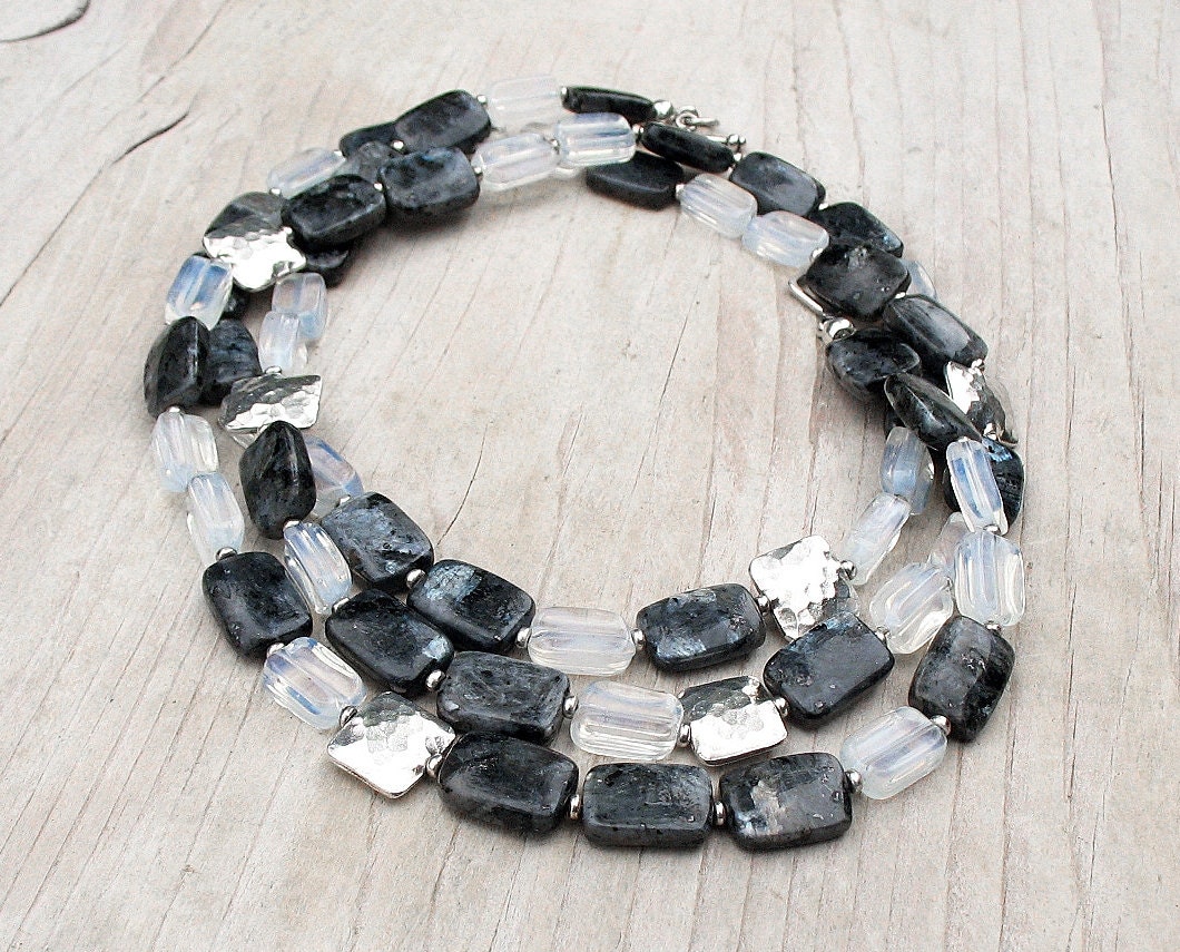 Long Beaded Necklace, Beadwork with Black Titanium Grey White Larvikite, Hammered Silver Cushion Beads