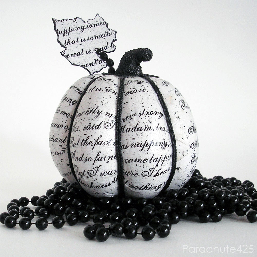 Poe Pumpkin Black and White, decoupage, Halloween, The Raven, macabre, goth, ooak - Parachute425