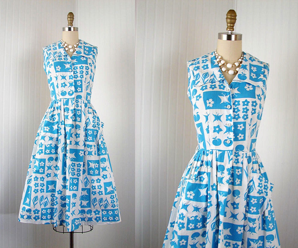1950s Dress -  Vintage 50s Dress Blue White Atomic Novelty Fruit Butterfly Floral Cotton Full Skirt Sundress S - Community Garden