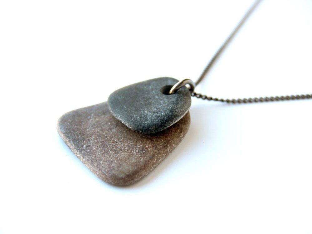 Zen rock necklace, natural stone jewelry "Black on Brown Zen Stone Necklace on Gunmetal" 949