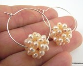 Pearl Cluster Silver Hoop Earrings, Peach Pearl Earrings, Silver Hoop Earrings