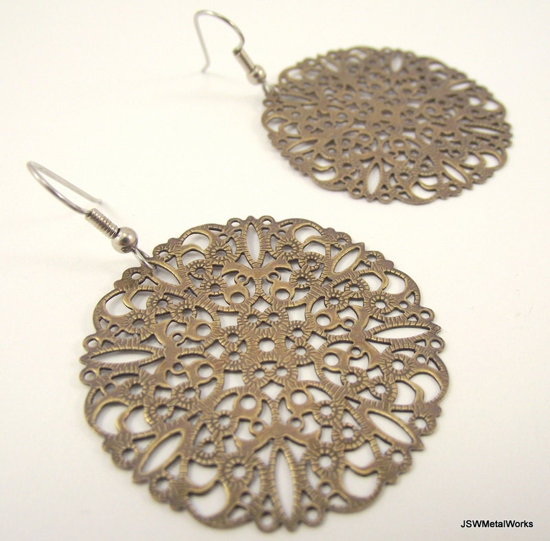 Round Antiqued Brass Filigree Earrings, Brass Earrings