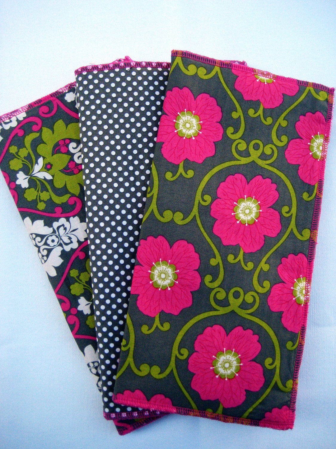 Burp cloth, set of 3, green and pink flowers, ready to ship, RTS