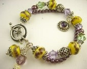 Winter Sale-Lampwork Glass Beaded Bracelet Pearl Sterling Silver Double Strand Bali Swarovski Lavender Purple Yellow Handmade Beaded