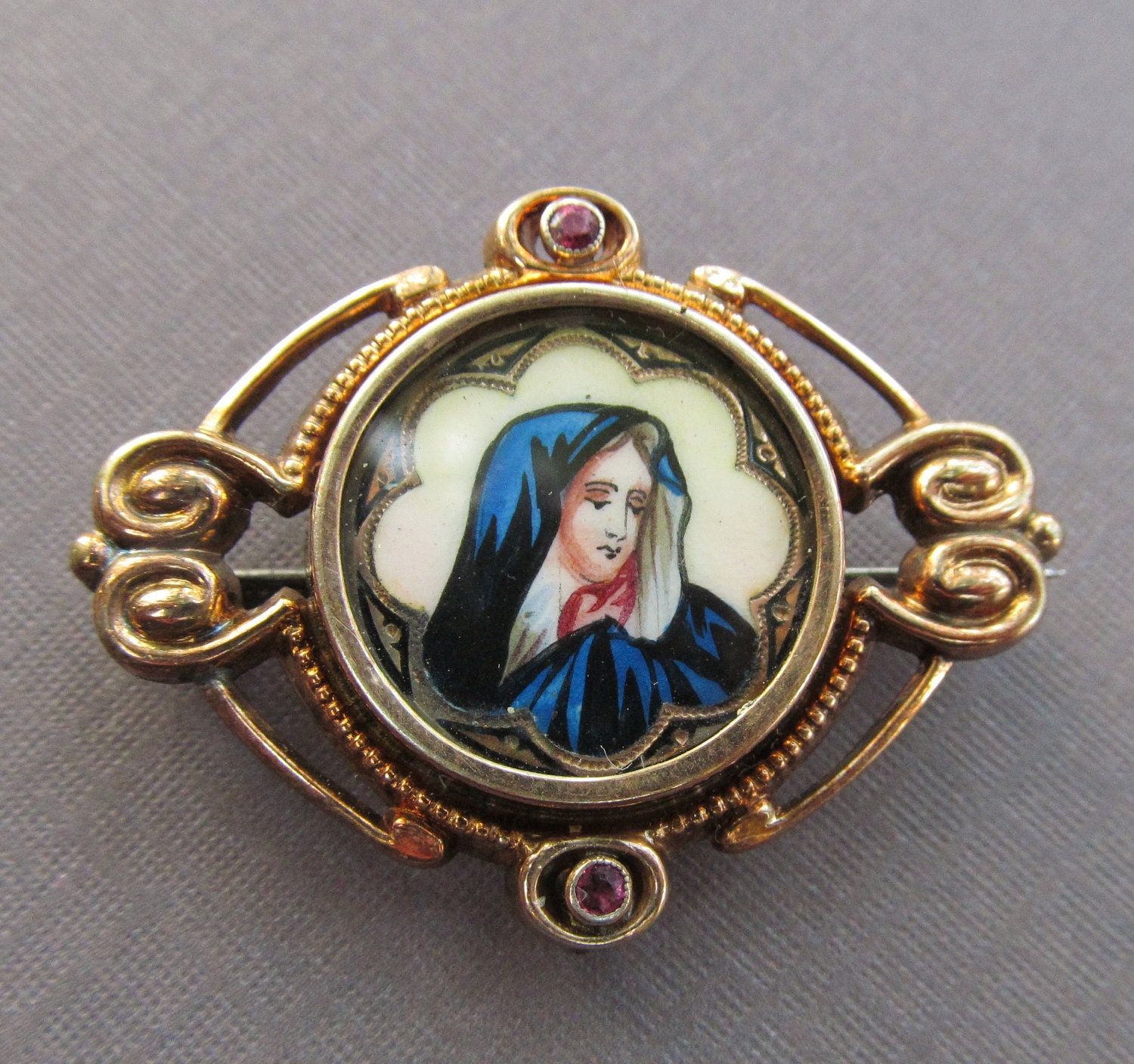 Antique Virgin Mary Brooch Mother Of God Hand Painted Silver Vermeil Art Nouveau Pin Jewelry