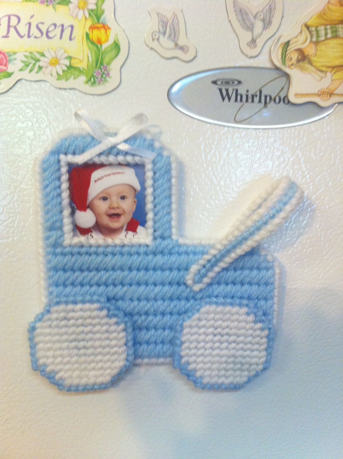 Needlepoint Picture Frame Refrigerator Magnet, Baby Carriage