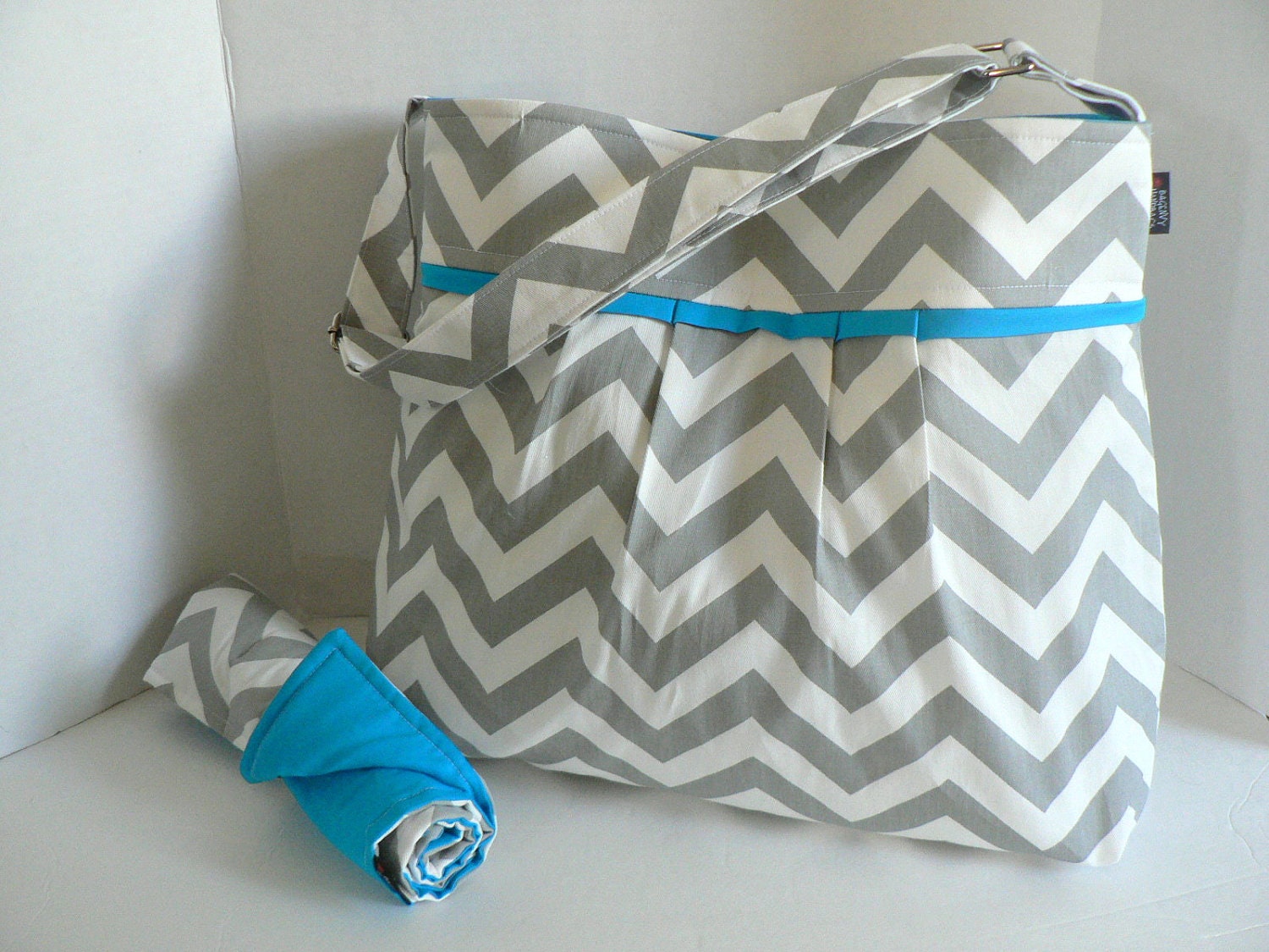Monterey Large Chevron  Diaper Bag Set - In Grey Chevron and Turquoise - Adjustable Strap and Elastic Pockets