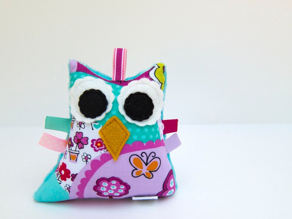 Mini Plush Owl Rattle Toy Stuffed Owl Softie Turquoise Pink Purple Minky Plush