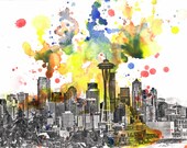 Seattle Skyline Landscape Art Print From Original Watercolor Painting 8 x 10 in. Seattle Art Print Buy 2 and receive a Third Print Free