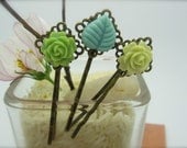 FLOWER BOUQUET II - Set of 3 - Brass Hair Pins/A Collection Of Rose & Leaf Cabochons