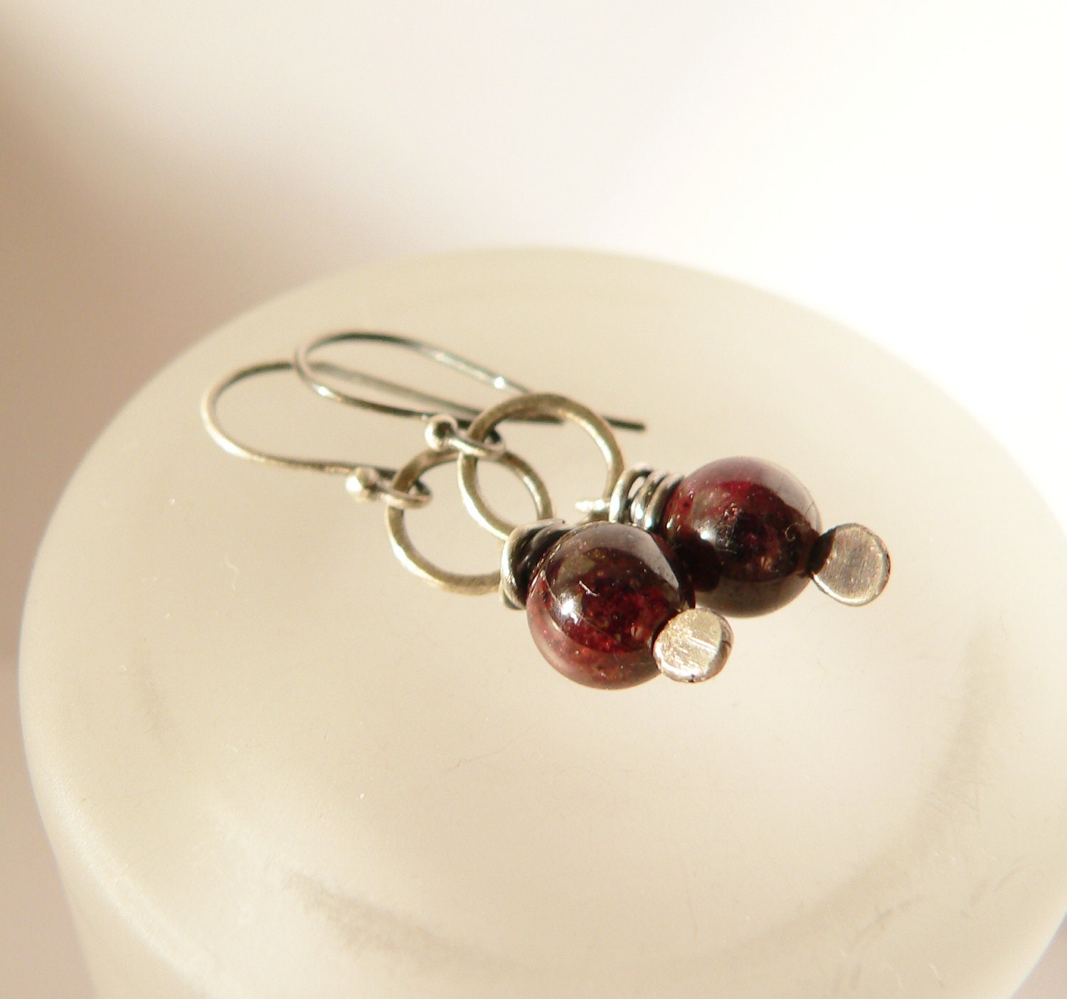 Garnet silver earrings, metalwork earrings, dangle earrings, Sterling silver jewelry