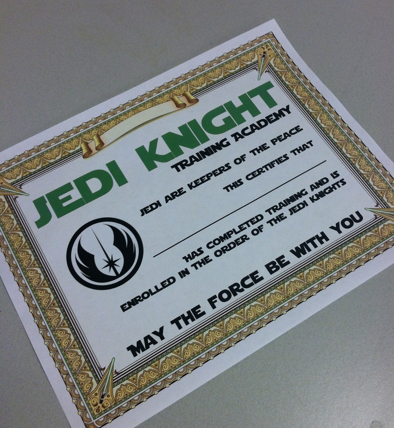 Star Wars Party Printable - Training Academy Certificate (digital print)