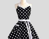 Sweetheart Retro Apron - Sexy Cute Womens Apron Black and White Polka Dot Flirty Full Kitchen Apron
