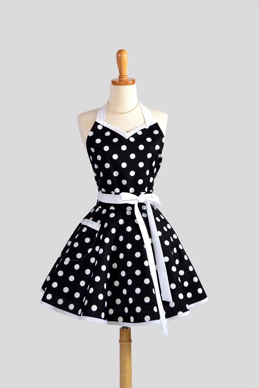 Sweetheart Retro Apron - Sexy Cute Womens Apron Black and White Polka Dot Flirty Full Kitchen Apron
