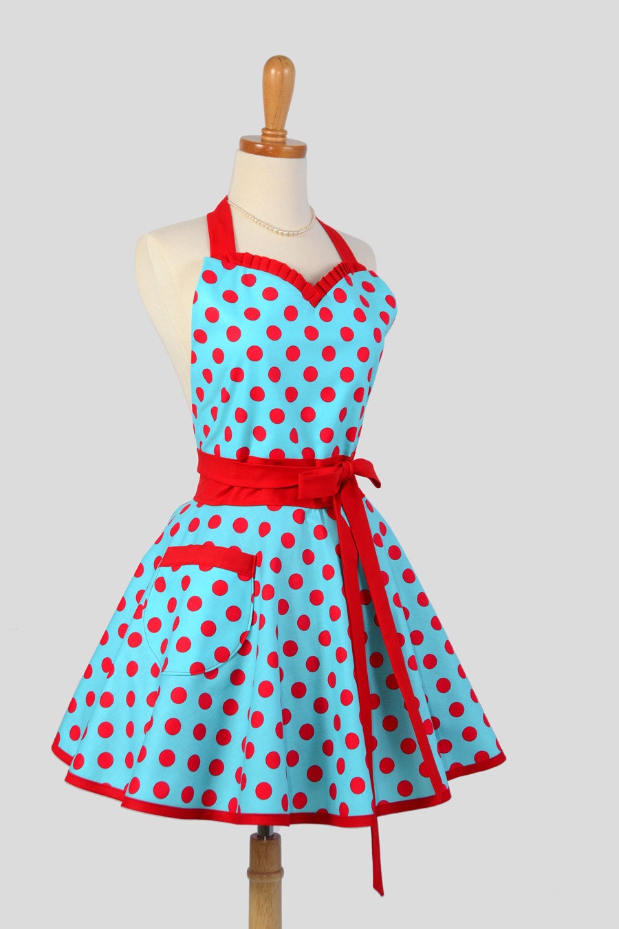 Sweetheart Retro Apron - Handmade Sexy Flirty Womens Apron in Teal and Red Pin-up Dots Full Kitchen Apron