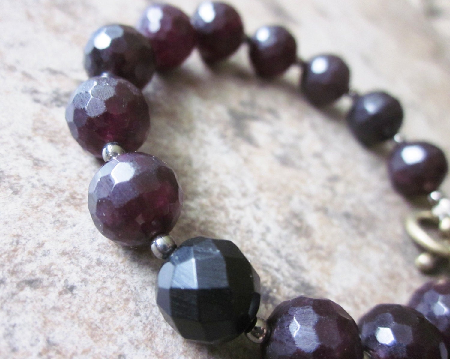Garnet Bracelet. Deep Red Faceted Gemstone Rounds, Antiqued Brass Toggle Clasp. Sophisticated. Chunky. Gifts for Her