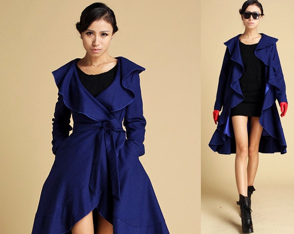 blue wool Ruffled Cap coat (344)