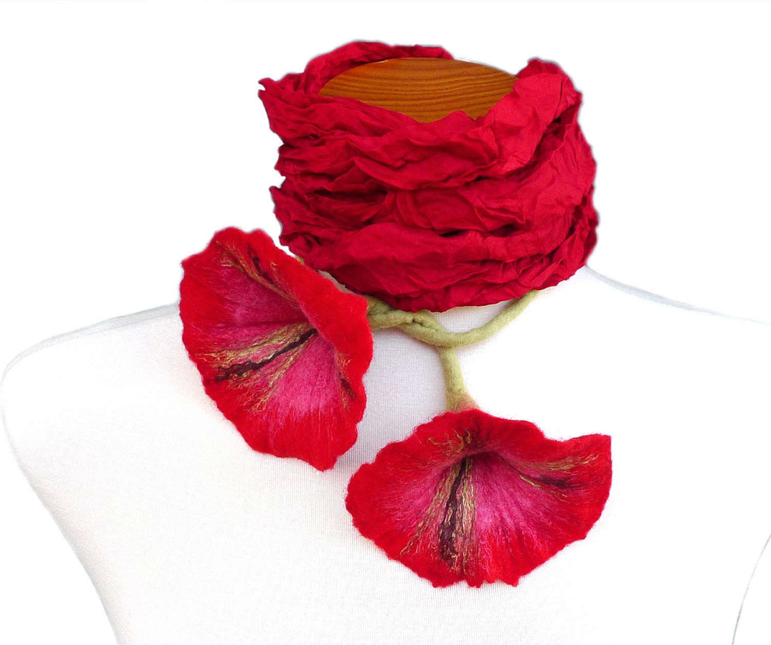 Red Silk Scarf with Felt Flowers