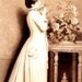 Vintage Photogravure Art Print, cr.1880s, Goupil & Co. Sepia tint, Woman With Table and Flowers, Victorian Dress, Paper