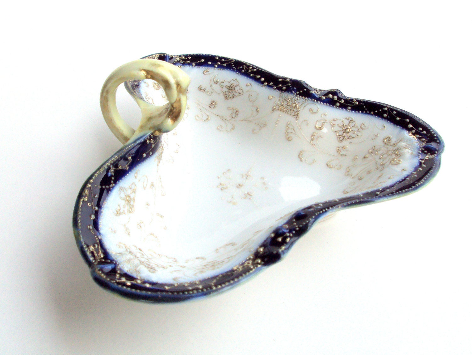 Vintage Nippon Nappy, cr. 1900s, Hand Painted Raised 22K Gold Design, Flow Blue Edge, Handle, Japan, Vanity Dish      I Take CREDIT CARDS