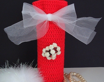Wine Gift Bag Champagne Cozy Romantic Valentine Lipstick Red White Roses Tulle Bow Bottle Sleeve Crochet Sack Hostess Gift by Lilena