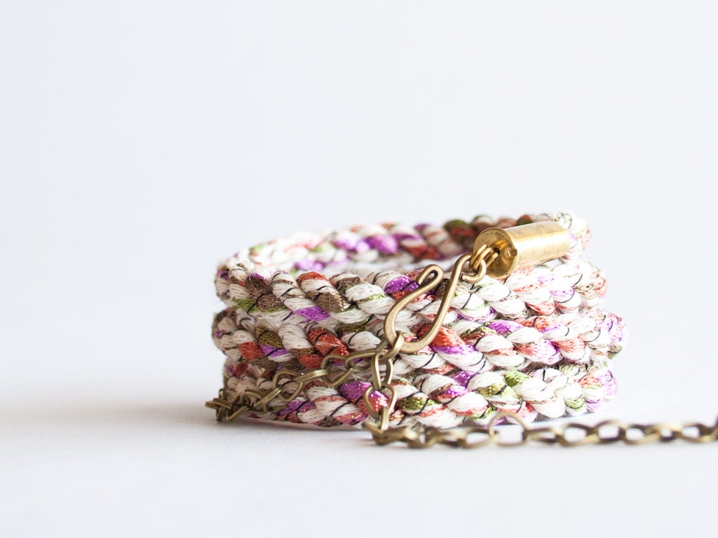 Braided wrap bracelet - muted textile brass multicolor