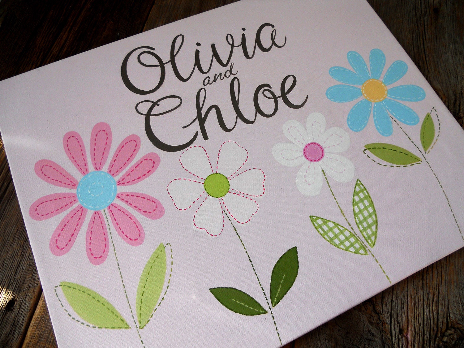 stitched daisy flowers, 16x20 posh large, free personalzation hand painted stretched canvas wall art