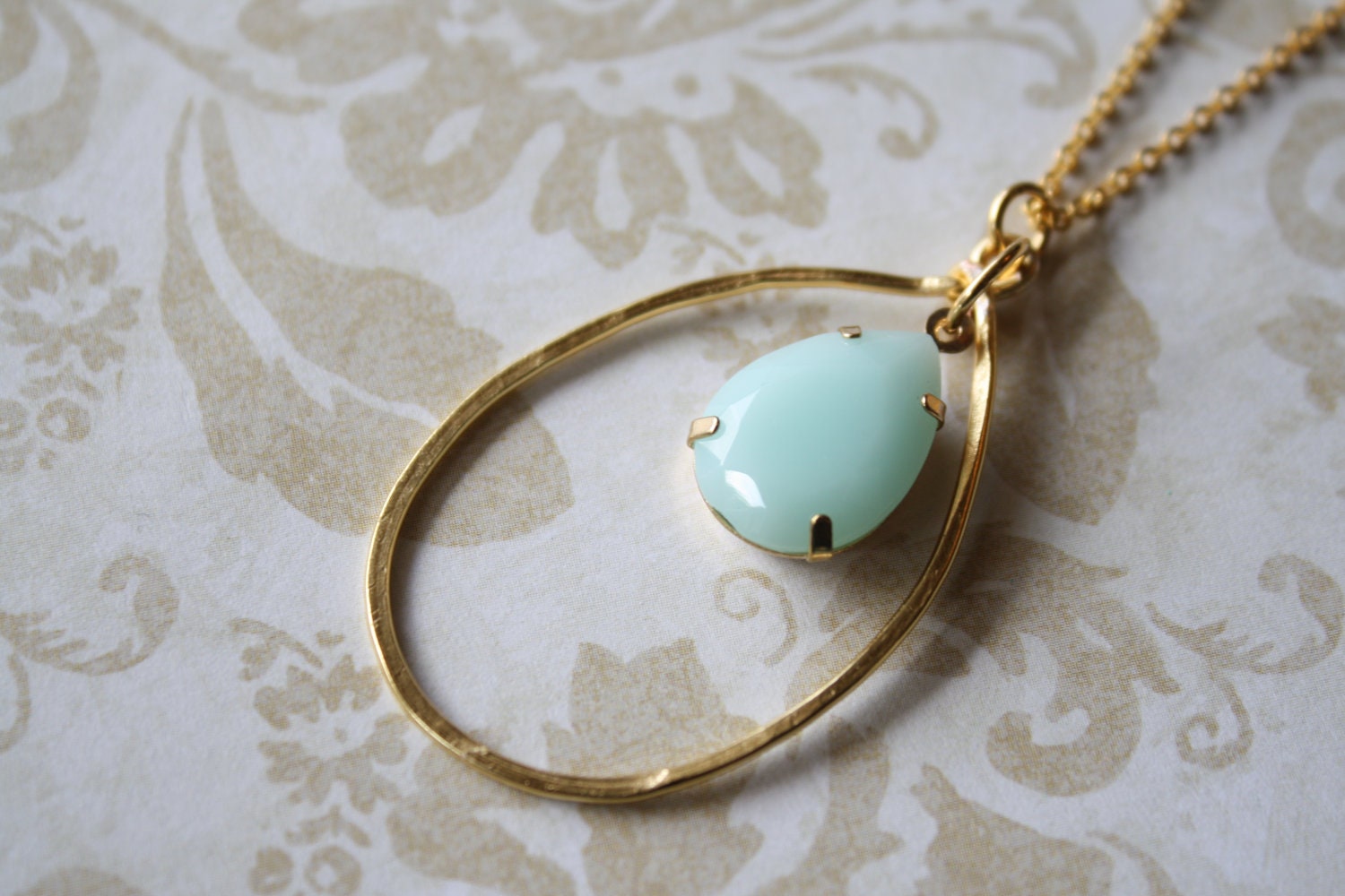 Hammered Teardrop Charm with a Mint Jewel Necklace