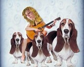 basset hound, dog portrait, animal art, dog art, blue home decor, shabby chic, sad, pensive, guitar, woman, pet collage, tagt team, pet art